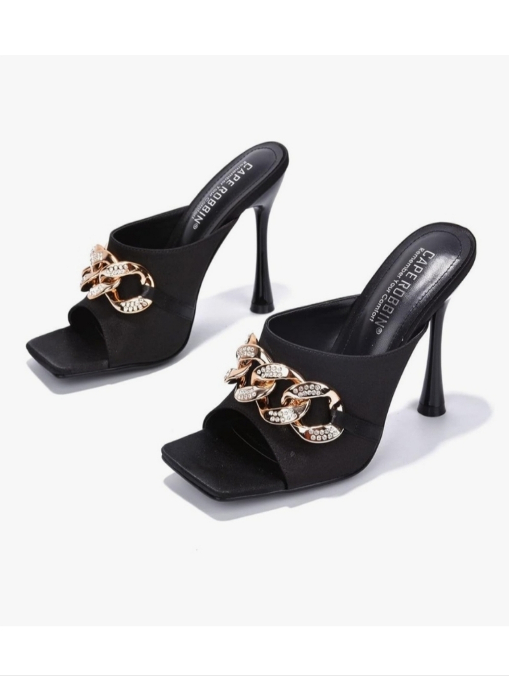 Cape Robbin Disteny Black Satin Gold Chain Square Open Toe Stiletto Mules